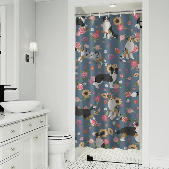 Border Collie Dog and Flower Florals Shower Curtain 36"x72" ,Bathroom Decorative Shower Curtains Set with 12 Hooks,Modern Waterproof Washable Shower Curtain