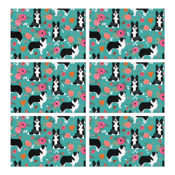 Border Collie Dog and Flower Florals Summer Placemats Table Placemats Set Of 6-Linen Kitchen Washable Placemats Table Mats 11.8"x17.7"Non-Slip Heat Resistant