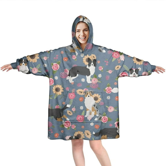 Border Collie Dog and Flower Florals Wearable Oversized Blanket,Wearable Blanket Hoodie for Adults,Cozy Hooded Blankets with Super Pockets,Super Warm Fuzzy Pullover for Women & Men