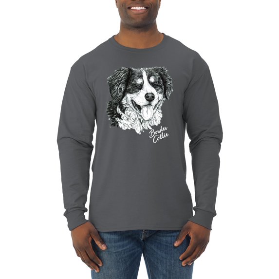 Border Collie Dog Lover Pet Owner Animal Lover Mens Long Sleeve Shirt, Charcoal, 2XL