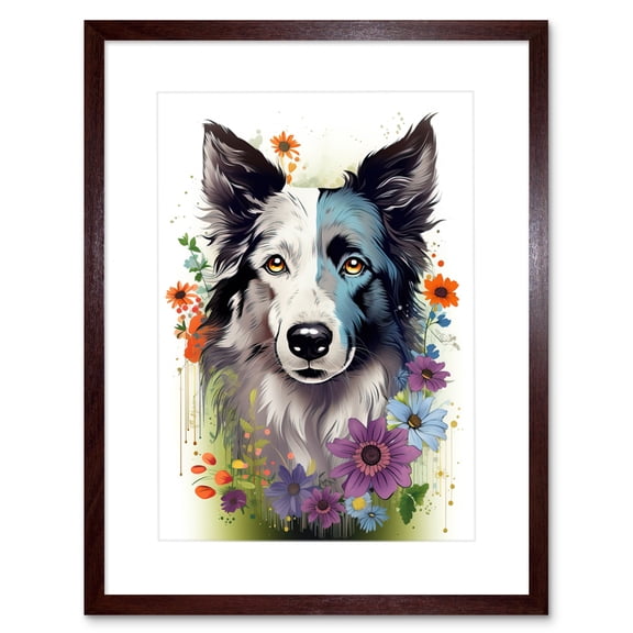 Border Collie Dog Pict Scotland Blue Basant Face Bright Artwork Portrait with Wildflowers Artwork Framed Wall Art Print 9X7 Inch