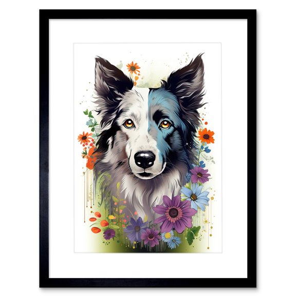 Border Collie Dog Pict Scotland Blue Basant Face Bright Artwork Portrait with Wildflowers Artwork Framed Wall Art Print 9X7 Inch