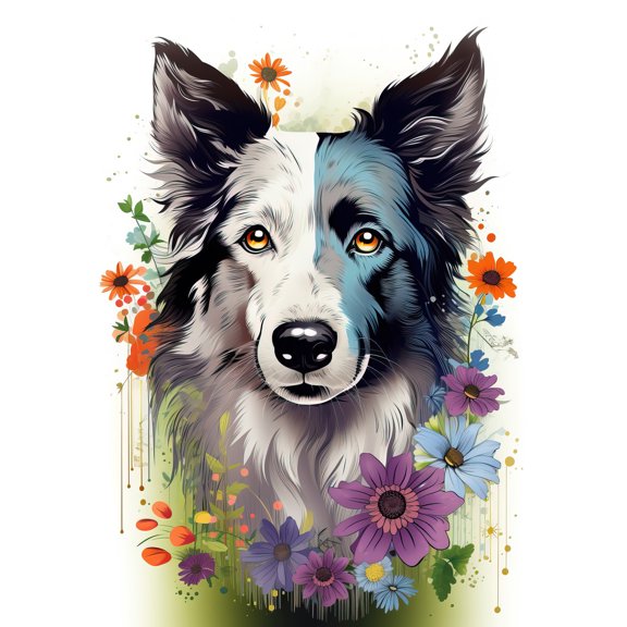 Border Collie Dog Pict Scotland Blue Basant Face Bright Artwork Portrait with Wildflowers Unframed Wall Art Print Poster Home Decor Premium