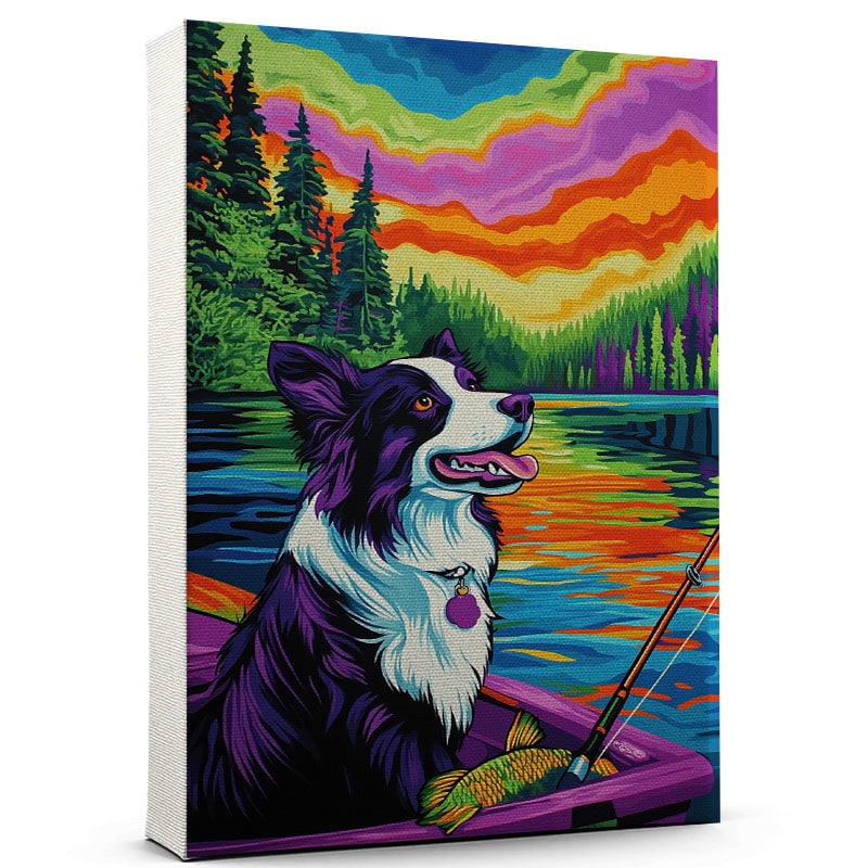 Border Collie Dog Playing Fishing Canvas Canvas – Vintage Style Border ...