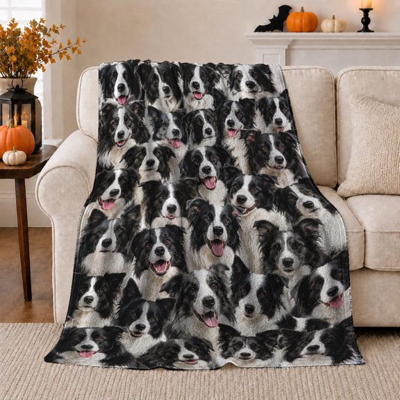 Border Collie Dog Portrait Collage, Peaceful Pet Portrait Pattern, Warm Flannel Blanket for Living Room and Bedroom, Dog Lovers Just Because Gift, Pet Lover Home Decor