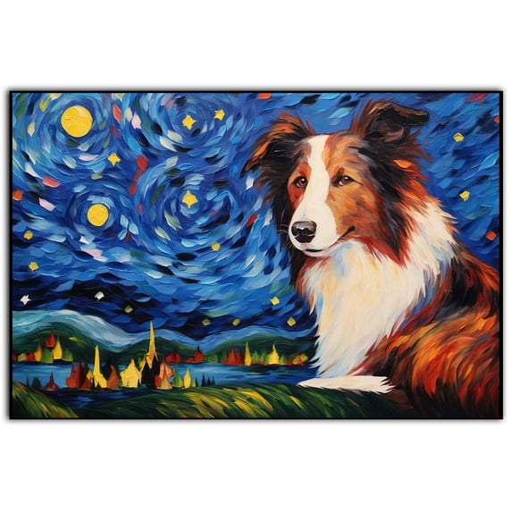 Border Collie Dog Watercolor Starry Night Van Gogh Painting Kits, Painting Watercolor Canvas, Canvas Suitable for Room Decor Cafe Decor Or Gift for Friends