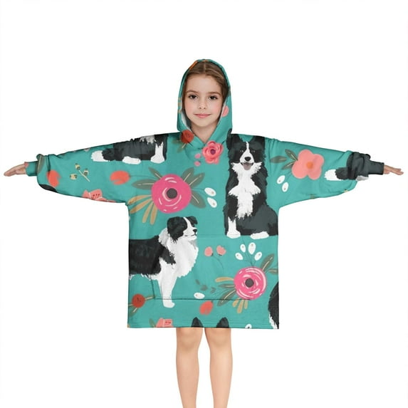 Border Collie Dog and Flower Florals Blanket Hoodies for Kids 6-13YR Oversize Wearable Blanket Hoodies for Boys Girls Teens