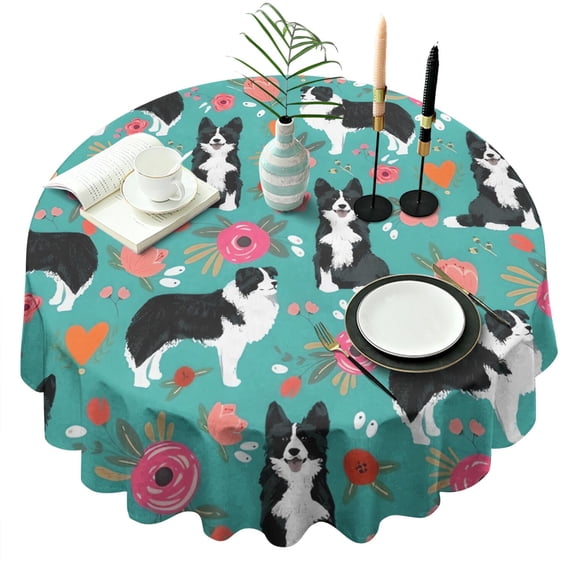 Border Collie Dog and Flower Florals Round Tablecloth 60"x60",Wrinkle Wipeable Table Cloth for Kitchen Dining Room Picnic Patio Party