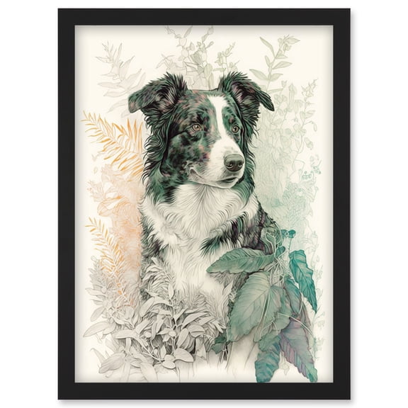 Border Collie Dog in Field Modern Colour Pencil Portrait Illustration Artwork Framed Wall Art Print A4
