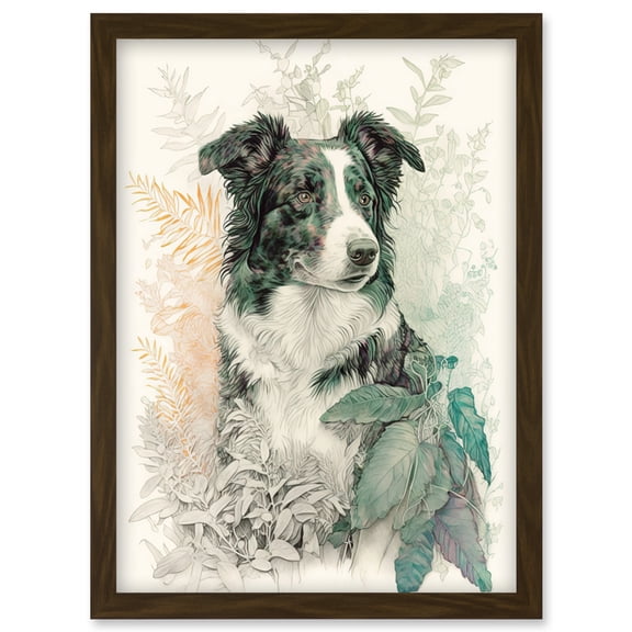 Border Collie Dog in Field Modern Colour Pencil Portrait Illustration Artwork Framed Wall Art Print A4