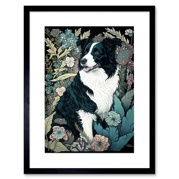 Border Collie Dog in Wildflower Field Modern Illustration Artwork Framed Wall Art Print 9X7 Inch
