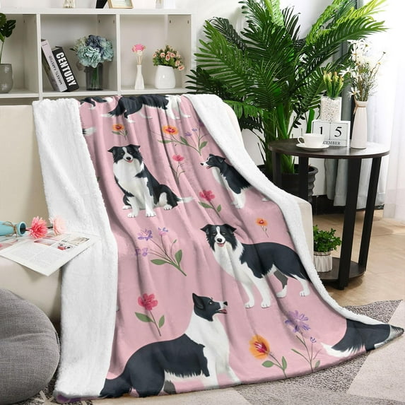 Border Collie Dogs with Flowers Blanket,Comfortable Soft Flannel Throw Blanket,All Season,Warm Lightweight Blankets for Sofa Bed Couch Living Room Chair,40"x50"(100x130cm)