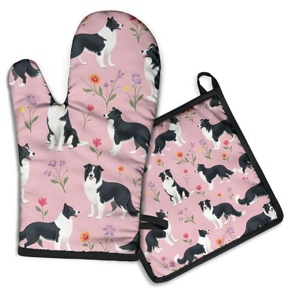 Border Collie Dogs with Flowers Kitchen Oven Mitt and Pot Holder Sets 2 Pcs for Baking, Cooking and Grilling, Heat Resistant Up To 392 °F