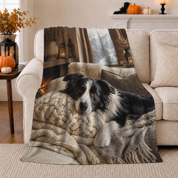 Border Collie By Fireplace autumn celebration Autumn Pet, Festive Pet Portrait Pattern, Warm Flannel Blanket for Living Room and Bedroom, Dog Lovers autumn celebration Gift, Pet Lover Home Decor