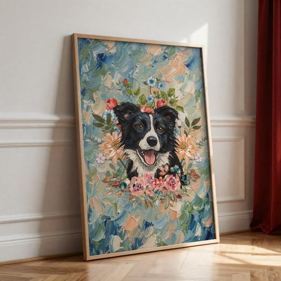 Border Collie Floral Art Print Botanical Pet Portrait Impasto Wall Art