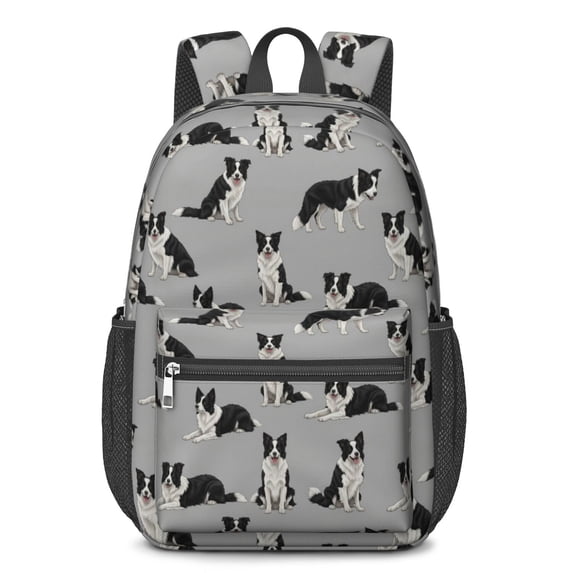 Border Collie Gray Pattern 17" Waterproof Oxford School Backpacks for Teens, S-Shape Padded Straps, for School, Travel, Hiking, Camping