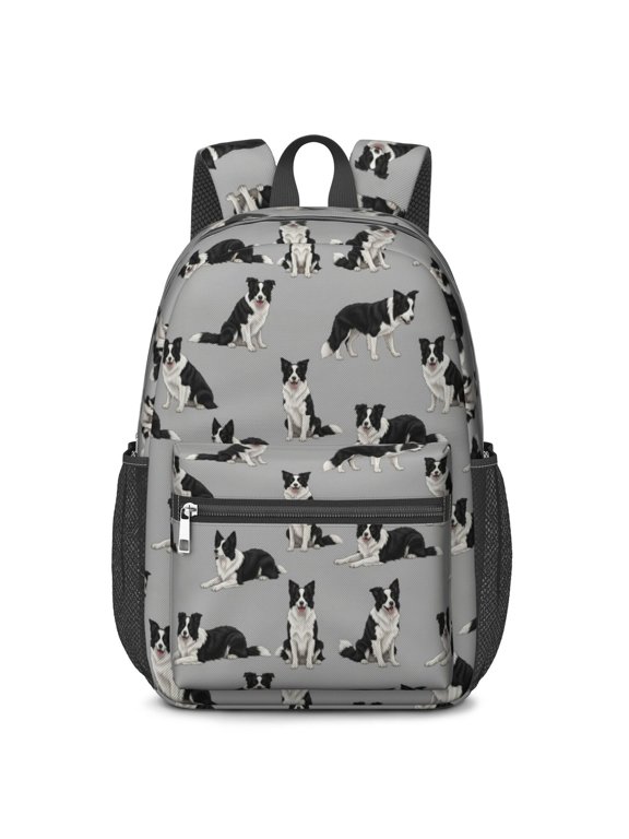 Border Collie Gray Pattern 17" Waterproof Oxford School Backpacks for Teens, S-Shape Padded Straps, for School, Travel, Hiking, Camping