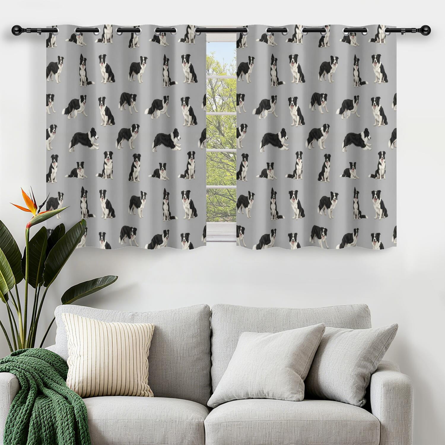 Border Collie Gray Pattern Blackout Curtains,Triple Weaved Fabric ...