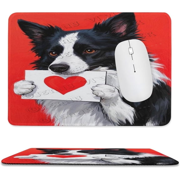 Border Collie with Heart Painting Mouse Pad 8x10 in with Stitched Edge, Non-Slip Rubber Base Desk Mouse Pad, Border Collie Heart Artwork Computer Mousepad for Desk Decor