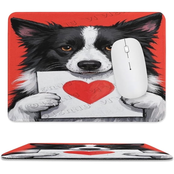 Border Collie with Heart Painting Mouse Pad 8x10 in, Durable Stitched Edge Desk Mouse Pad with Anti-Slip Base, Herding Breed Heart Artwork Computer Mousepad for Work Office