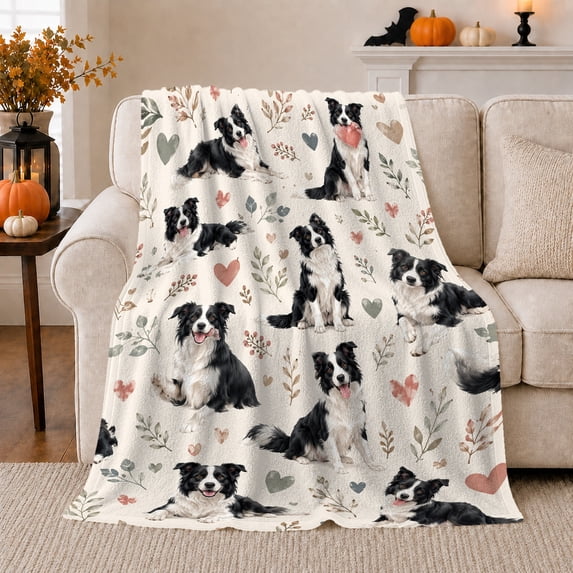 Border Collie Hearts Sage Sprigs Creamy White, Cozy Pet Portrait Pattern, Warm Flannel Blanket for Living Room and Reading Nook, Dog Lovers Thanksgiving Gift, Pet Lover Home Decor