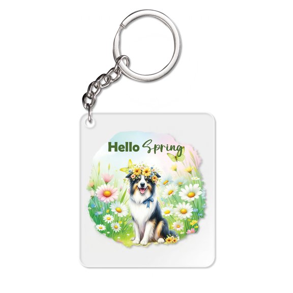 Border Collie Hello Spring Time Flower Floral Nature Acrylic Keychain Borders Dog Lovers Gifts Idea Collar Charm Tag Keyring - 02031
