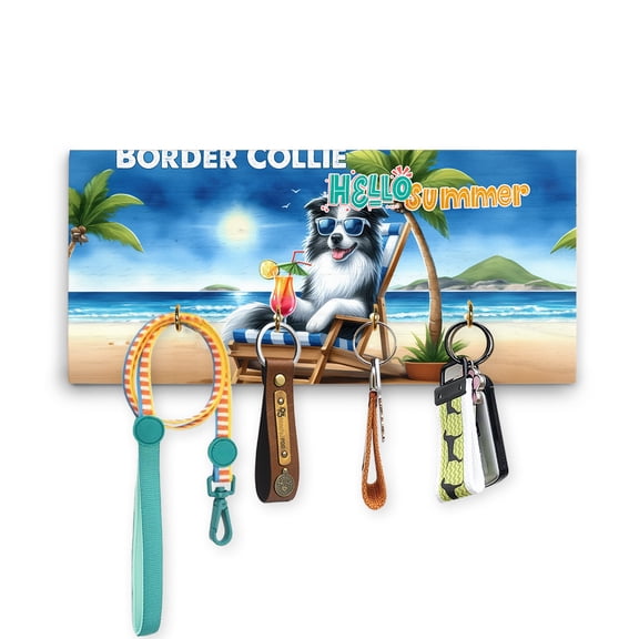 Border Collie Hello Summer Beach Theme with Sunglasses and Tropical Cocktail Wood Key Holder Borders Dog Lovers Gifts Idea Wall-mounted Key Rack Home Decor - 00009