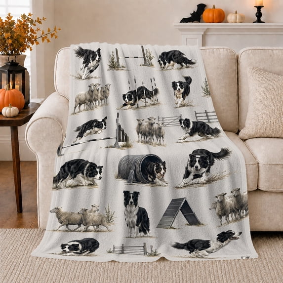 Border Collie Herding Sheep Pastoral Scene, Festive Holiday Scene, Warm Flannel Blanket for Living Room and Bedroom, Animal Lovers Thanksgiving Gift, Festive Home Decor