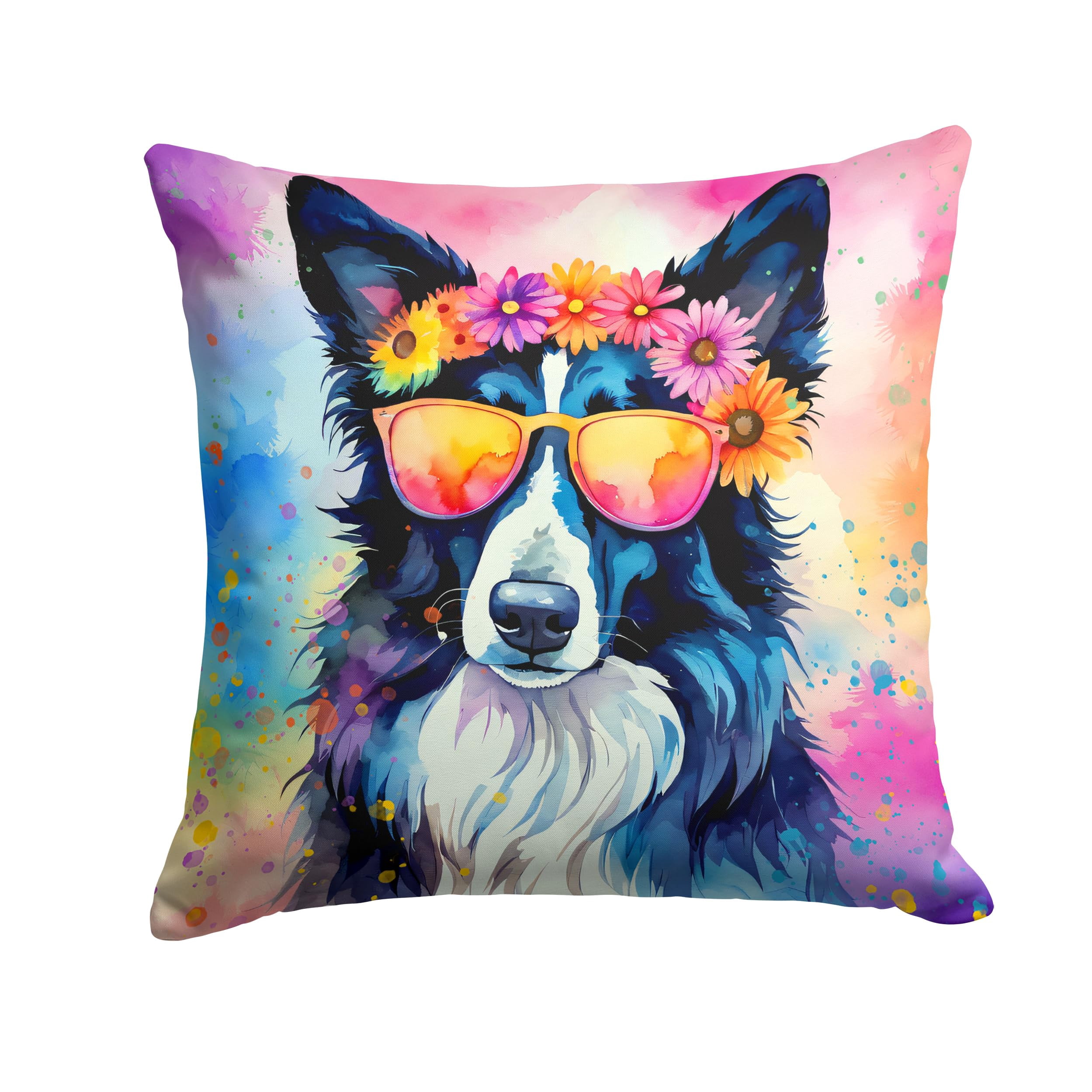 Border Collie Hippie Dawg Fabric Decorative Pillow 14 in x 14 in