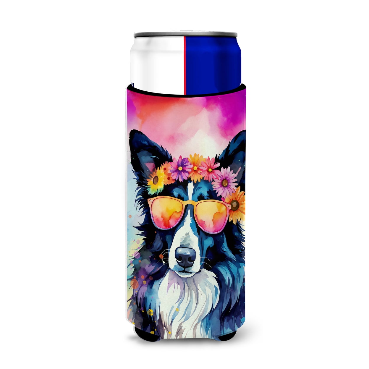 Border Collie Hippie Dawg Hugger for Ultra Slim Cans 4 in x 6.5 in