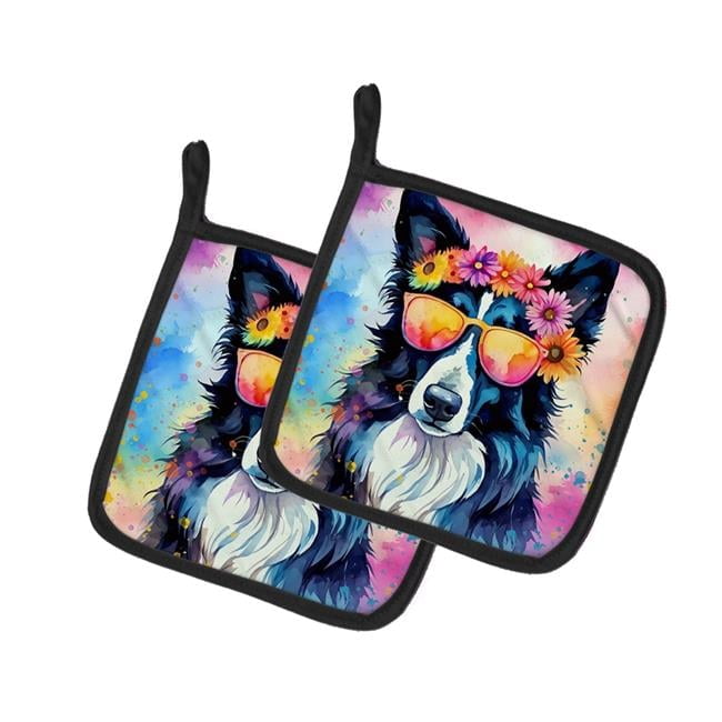 Border Collie Hippie Dawg Pair of Pot Holders 7.5 in x 7.5 in