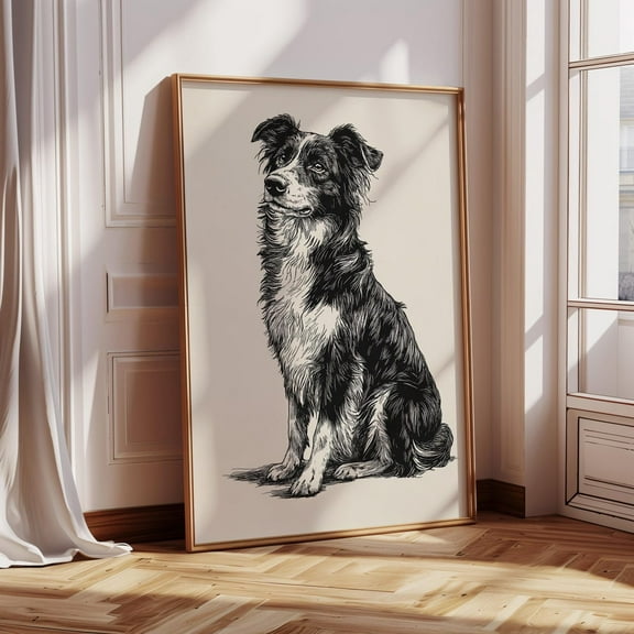Border Collie Ink Art – Black And White Dog Wall Print, Sitting Collie Sketch Poster, Farmhouse Pet Line Drawing For Dog Lovers Wall Art, Modern Wall Decor, 8x12 UNFRAMED