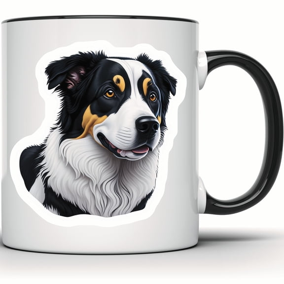 Border Collie Mug, Dog Lover Gift, Cute Pet Portrait, Animal Coffee Cup, Funny Unique Dog Breed Mug - 11 Ounce Black Rim Handle Novelty Coffee Cup - WMUG0535-Black Rim