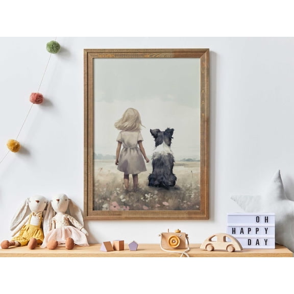 Border Collie Nursery Decor Girl And Dog Portrait Art, Unframed Paper Poster 8x10in