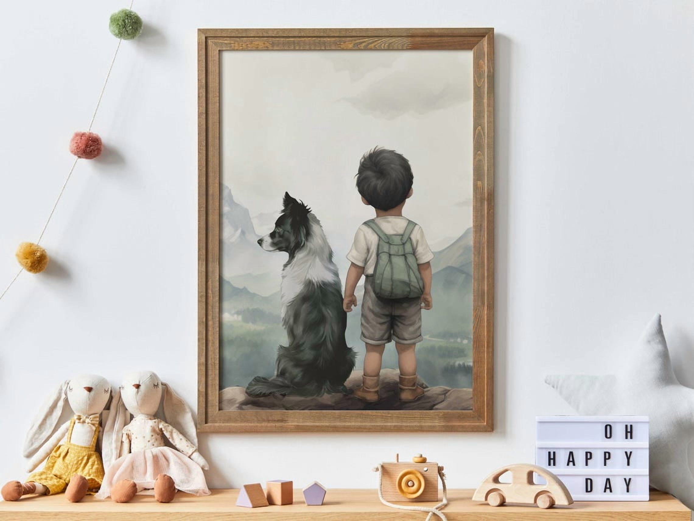 Border Collie Nursery Print Boy and Dog Wall Art, Unframed Paper Poster ...