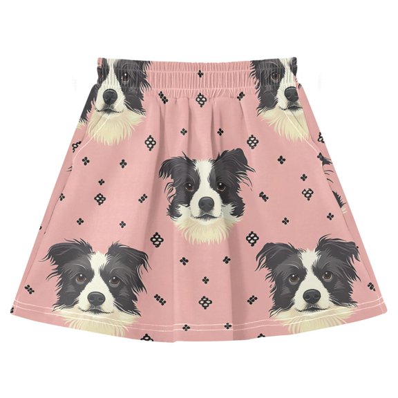 Border Collie Pink Pattern Cotton Skirt Built-in Liner Elastic A-Line Flared Skirt with Pockets