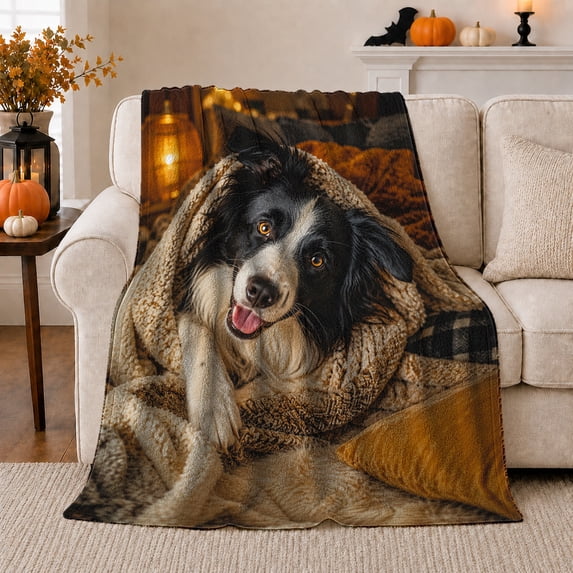 Border Collie Portrait Brown Knit Wrap, Cozy Pet Portrait Pattern, Warm Flannel Blanket for Living Room and Bedroom, Dog Lovers Pet Adoption Gift, Pet Lover Home Decor