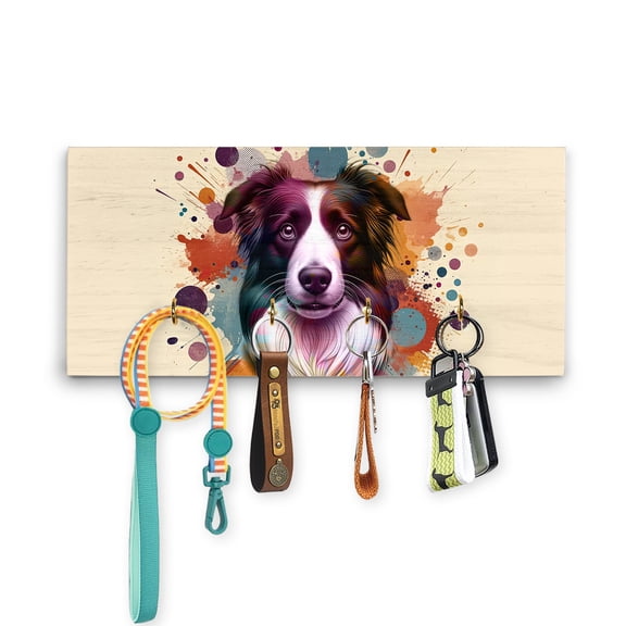 Border Collie Portrait Watercolor Vintage Retro Styles Wood Key Holder Borders Dog Lovers Gifts Idea Wall-mounted Key Rack Home Decor - 00001