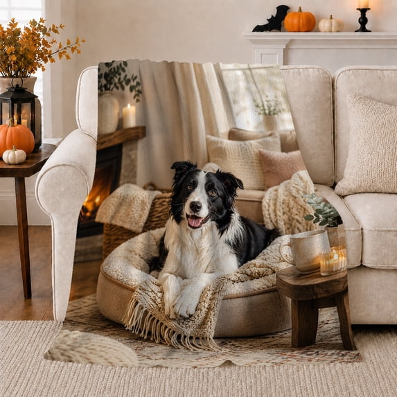 Border Collie Pumpkin Patch autumn celebration, Festive autumn celebration Scene, Warm Flannel Blanket for Living Room and Bedroom, Animal Lovers autumn celebration Gift, Festive Home Decor