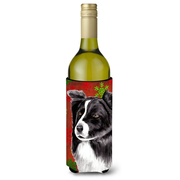 Border Collie Red and Green Snowflakes Holiday Christmas Wine Bottle Hugger