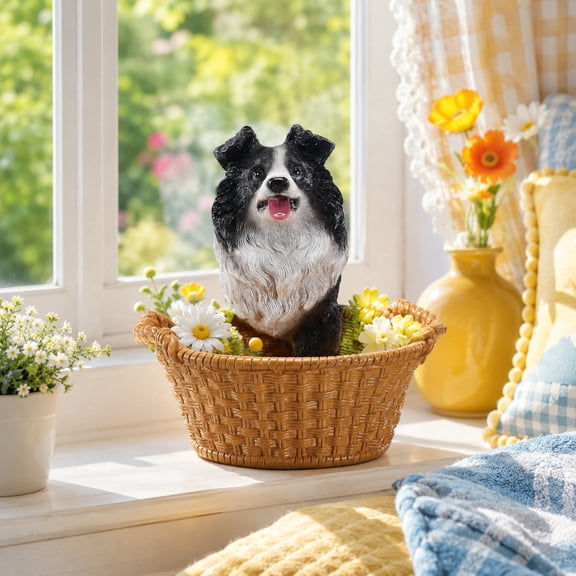 Border Collie Resin Dog Statue With Black White Storage Basket for Entryway
