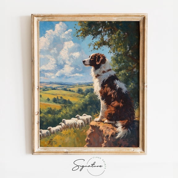 Border Collie, Rustic Farmhouse Animal Art, Country Dog Watching Field Decor, Vintage Style Wall Art 3873 Unframed Paper Print