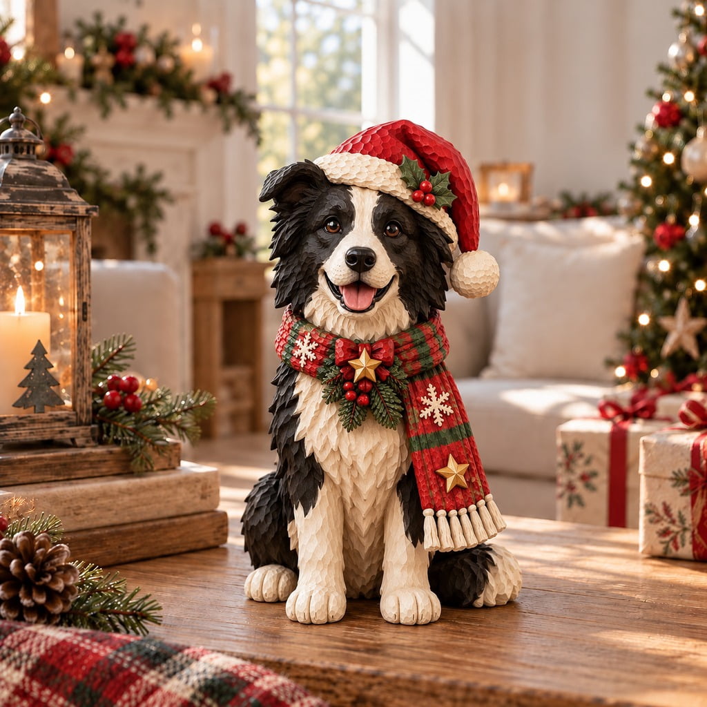 Border Collie Santa Hat Scarf Wooden Block 3 Layer Figurine for Dog ...