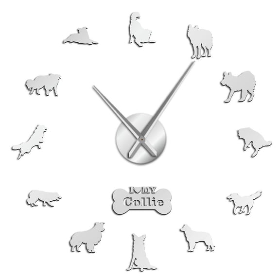 Border Collie Silhouette Frameless Wall Clock Stickers, DIY Modern Decorative Clocks for Living Room, Bedroom, Office - Easy to Install, Large 3D Clock Design (Silver,37in)
