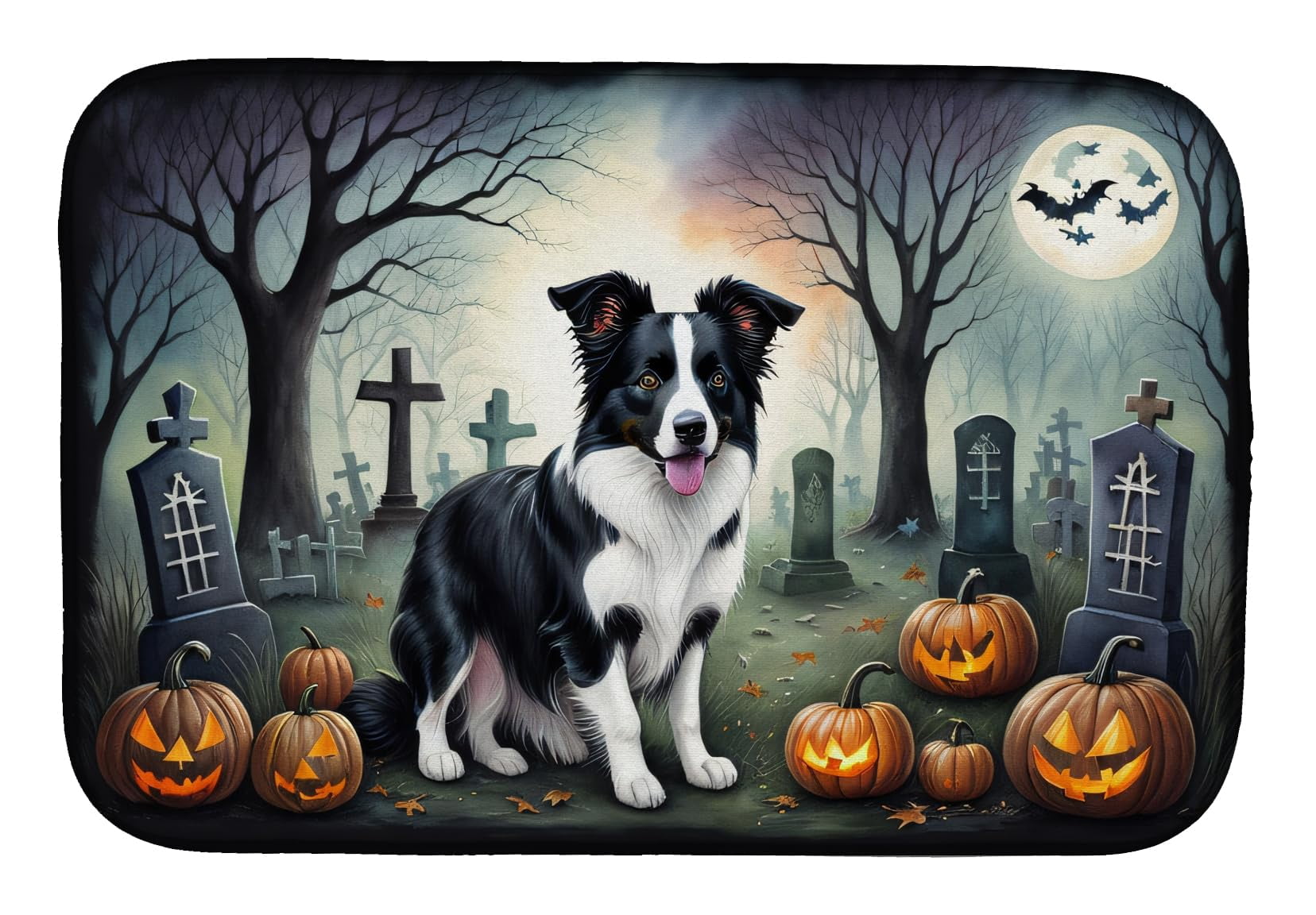 Border Collie Spooky Halloween Dish Drying Mat 14 in x 21 in