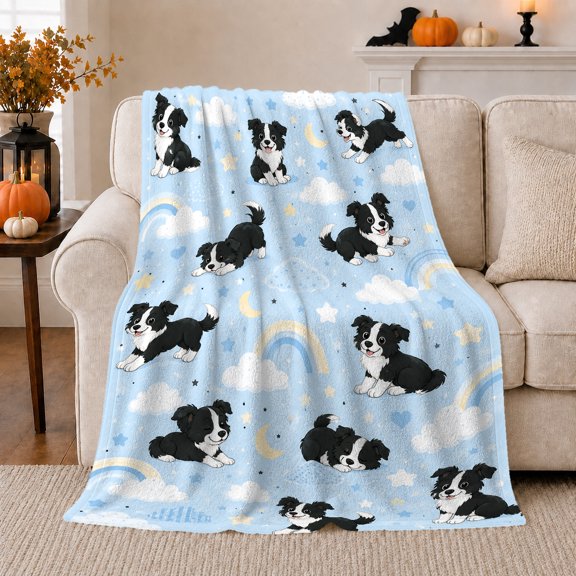 Border Collie Starry Night Sky Design Whimsical Illustration, Playful Pet Portrait Pattern, Warm Flannel Blanket for Living Room and Reading Nook, Dog Lovers Friendship Gift, Pet Lover Home Decor