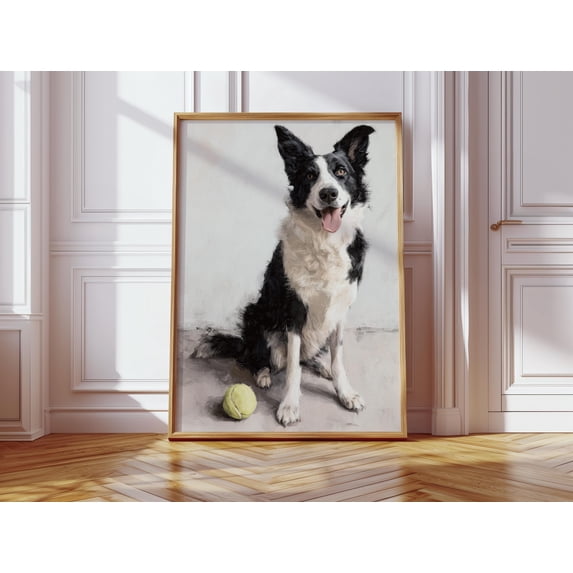 Border Collie Tennis Ball In Cotswolds Print, Minimalist Dog Animal Art ...