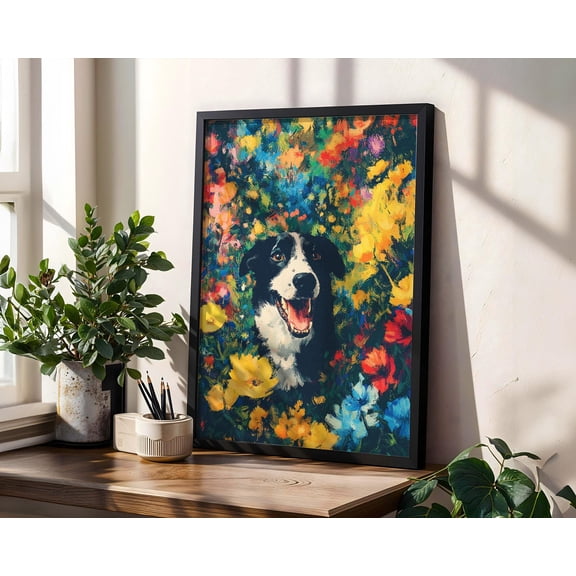 Border Collie Wall Art, Colorful Floral Dog Poster, Wildflower Print, Cottagecore Maximalist Decor, Poster Only