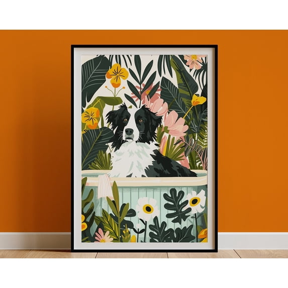 Border Collie Wall Art, Jungle Bathtub Tropical Print, Maximalist Botanical Decor, Eclectic Boho Poster, Dog Lover Gift, Wall Art, Modern Wall Decor For Living Room, 8x12 UNFRAMED