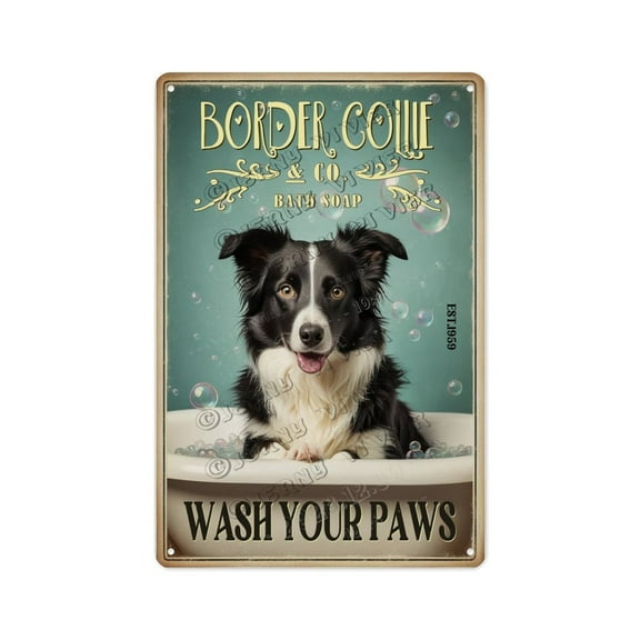 Border Collie Wash Your Paws 8x12 Inch Farmhouse Tin Sign Smart Dog Metal Sign for Entryway or Mudroom, Celebrating the Breed's Loyal Nature, Gift for Collie Owners